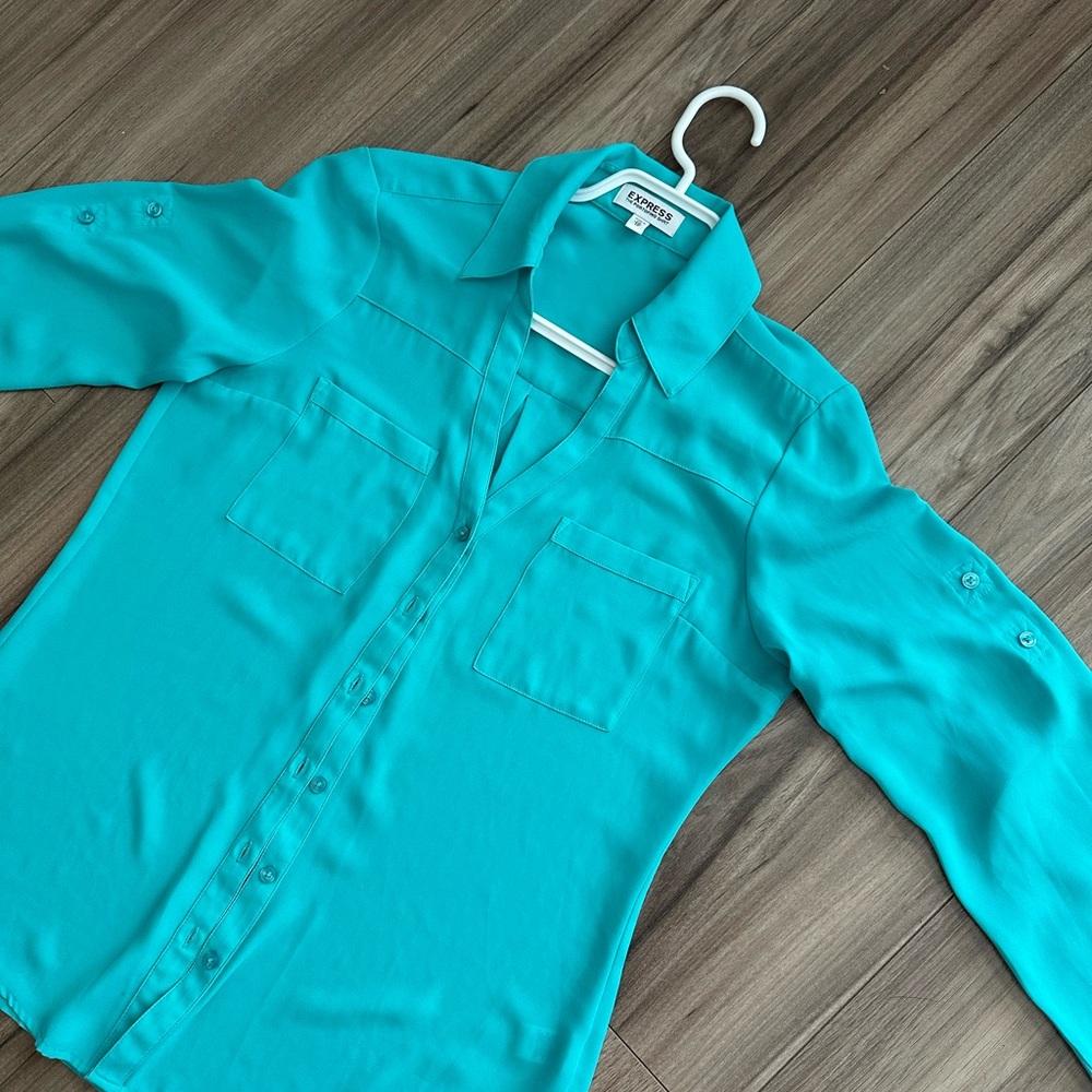 Express Blue 3/4 Sleeve Fitted Button Down Shirt